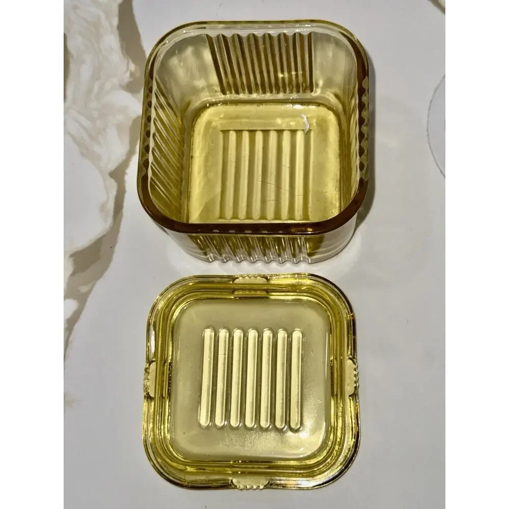 Federal Amber Depression Glass Square Ribbed Refrigerator Dish W/Lid 3.5”x4”